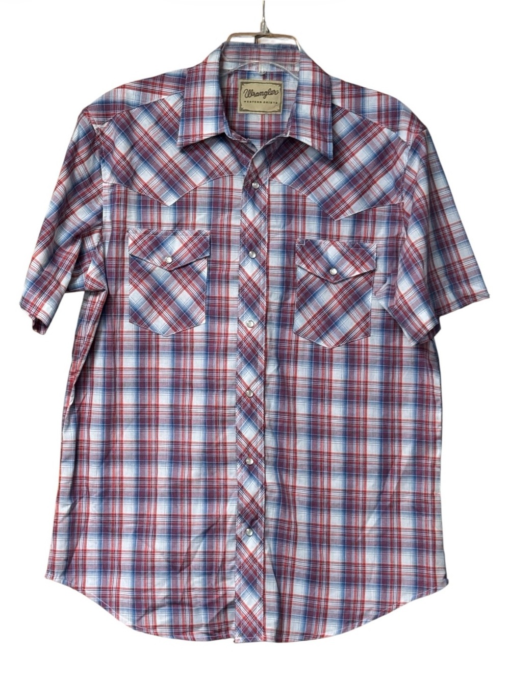 Wrangler Men's Blue/red/white Light weight Woven Short sleeve Button-down shirt